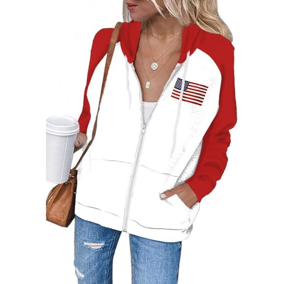 Sweaters - Womens Oversized Zip Up Hoodie Long Sleeve American Flag Casual Jacket